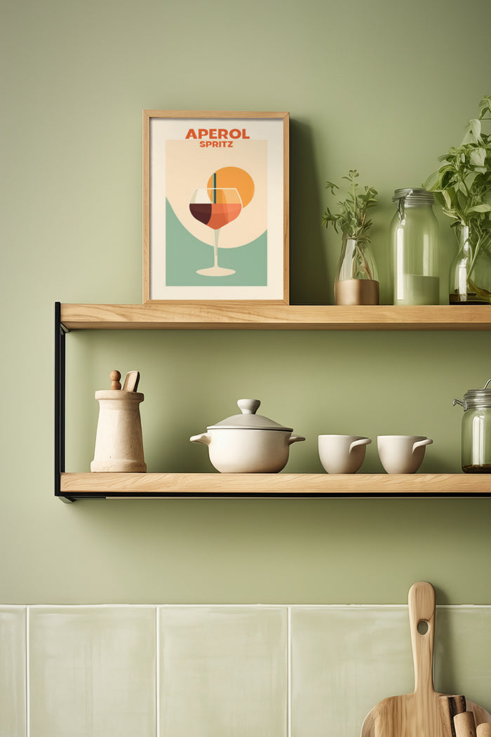 Stylish Aperol Spritz poster framed on a kitchen shelf with modern kitchenware and fresh herbs