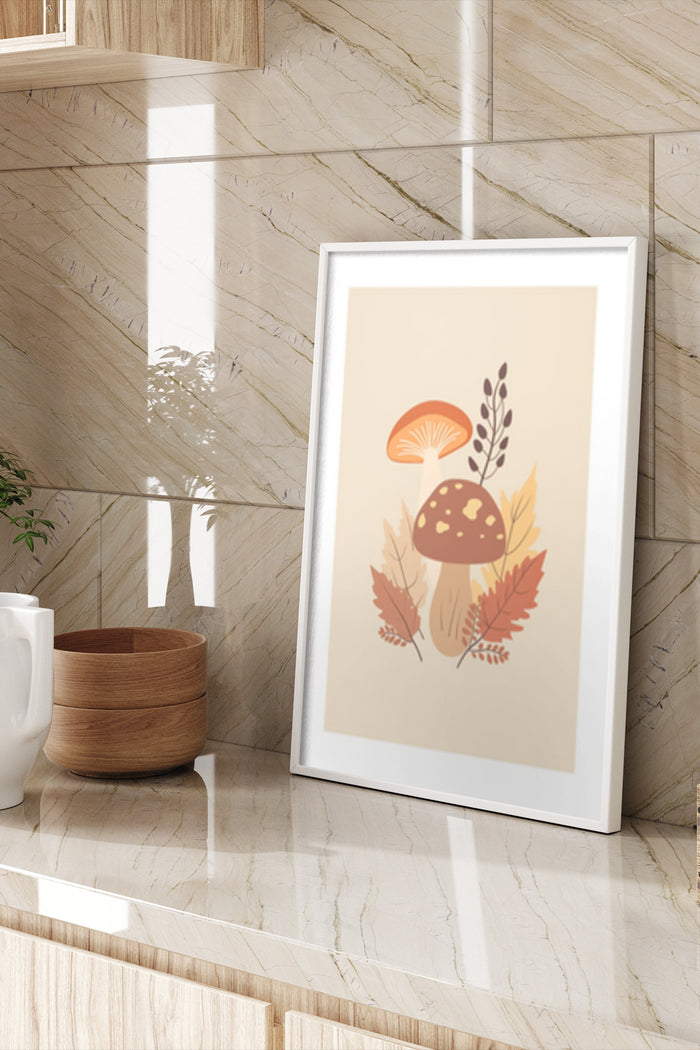 Modern autumn-themed art print featuring mushroom and fall foliage in a minimalist style