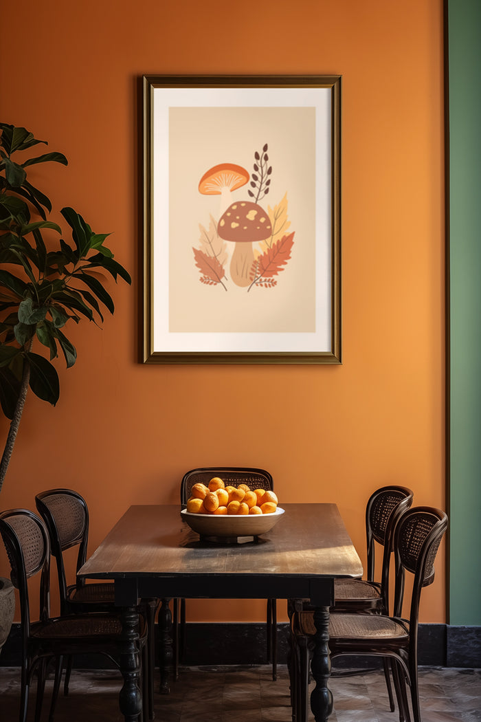 Autumn Inspired Mushroom and Foliage Art Poster in Elegant Dining Room Decor