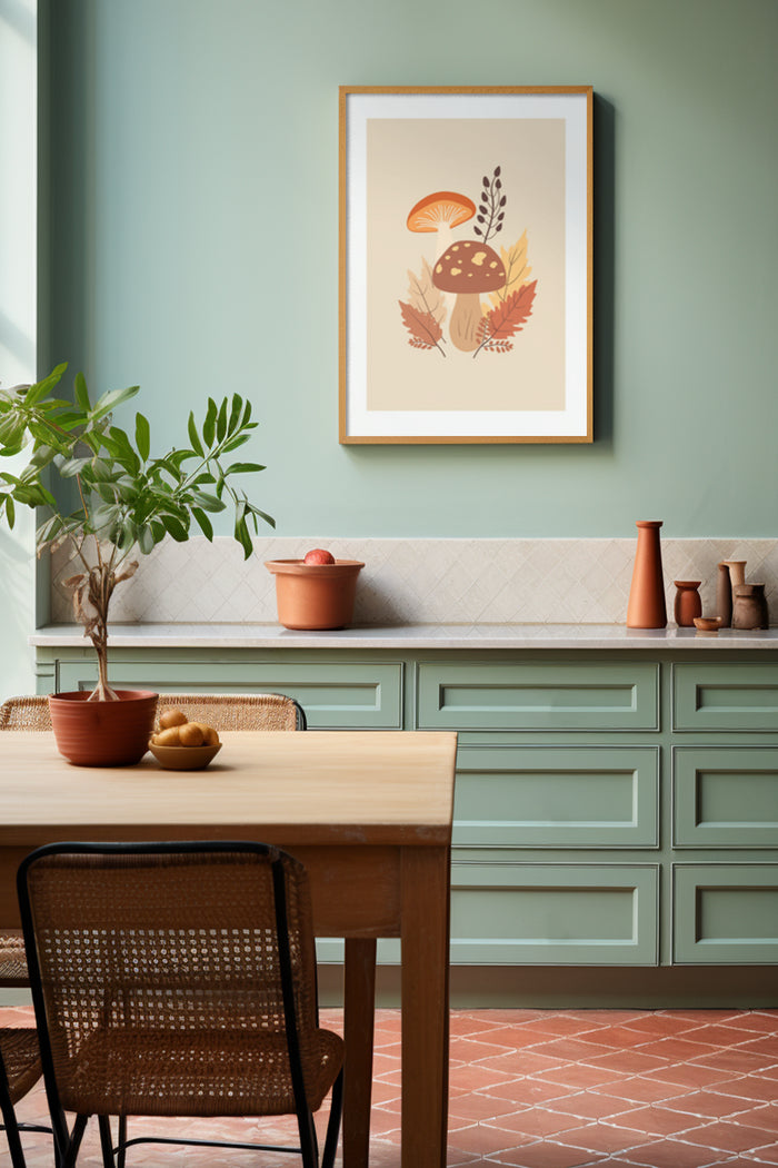Autumn inspired mushroom and foliage framed poster on wall in stylish kitchen with green cabinets and terracotta pots