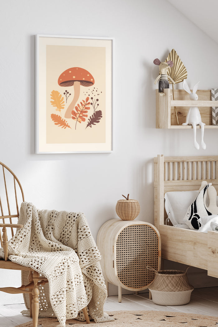 Stylish interior with cozy chair featuring a framed poster of a mushroom surrounded by autumn leaves