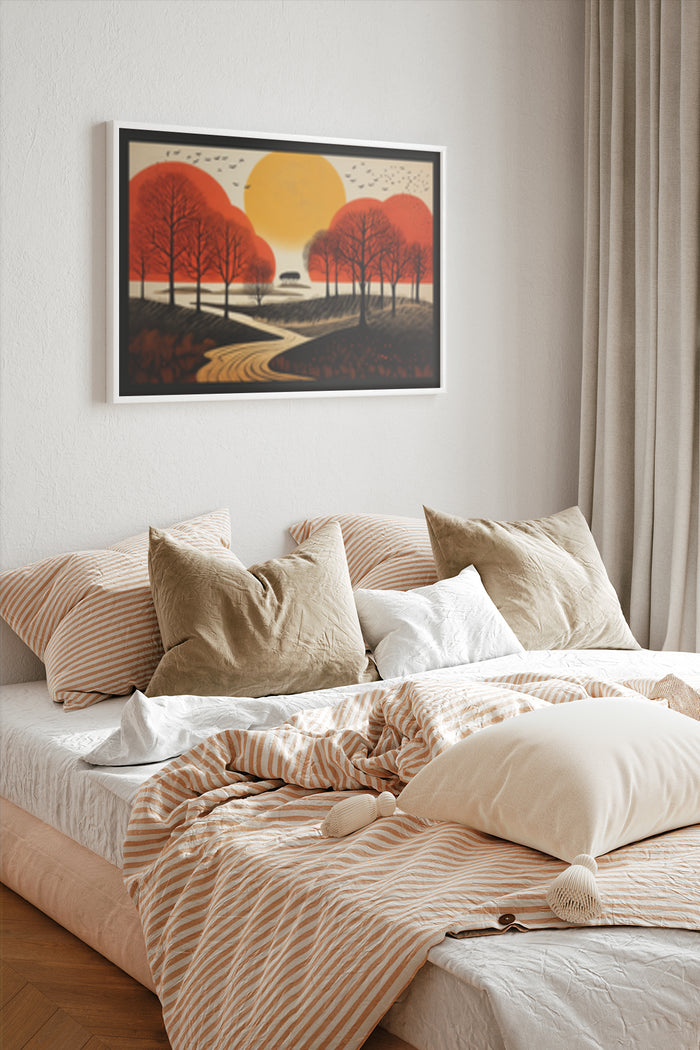 Stylish autumn landscape poster featuring red trees and a large yellow sun mounted above a modern bed with striped bedding