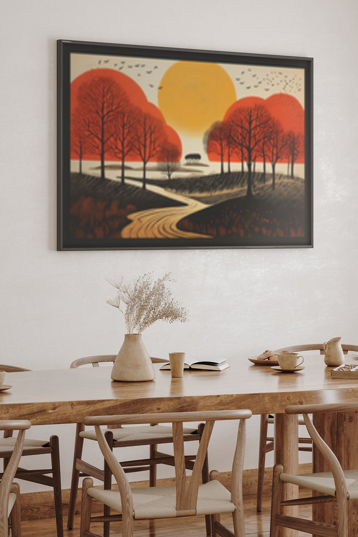 Autumn Landscape Poster with Red Trees and Golden Sunset Wall Art in Modern Dining Room Interior