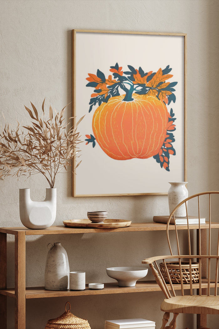 Autumn themed orange pumpkin illustration poster framed on wall in stylish interior design setting