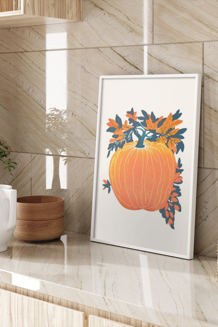 Autumn themed poster with illustrated pumpkin and leaves in a modern home decor setting