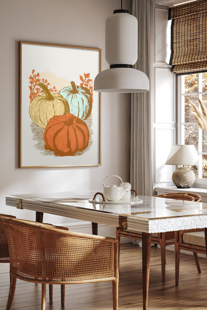 Stylish interior design with autumn-themed pumpkin poster on the wall