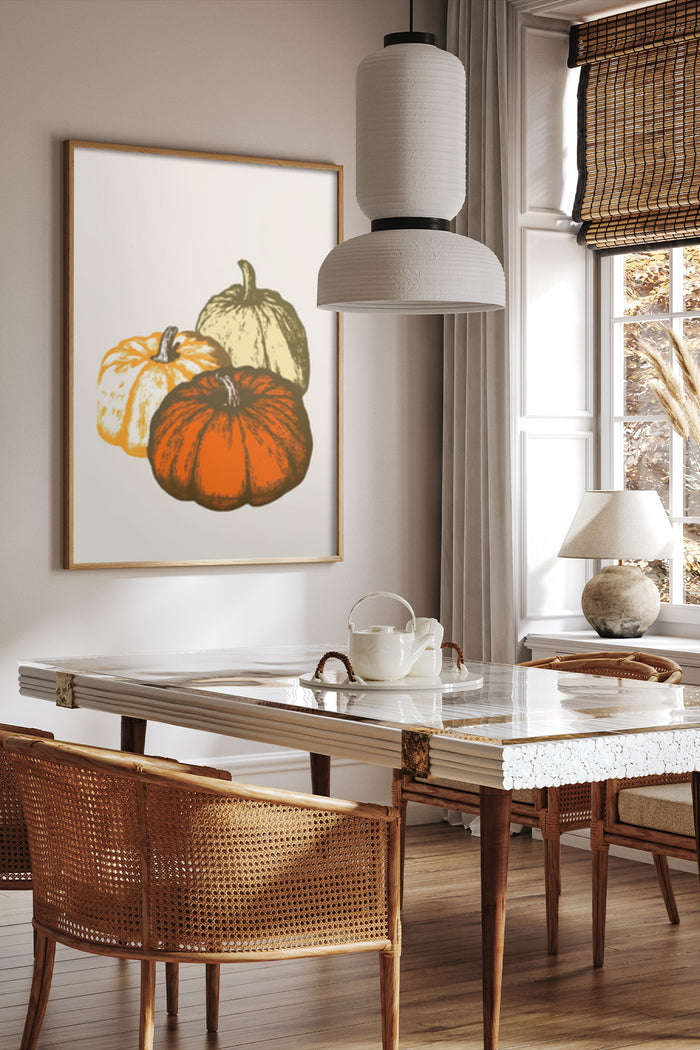 Stylish autumn pumpkin artwork in cozy dining room with natural light
