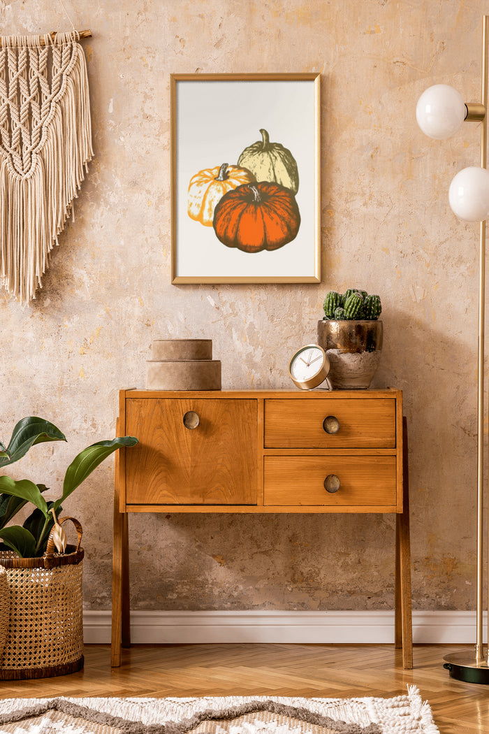 Illustration of three colorful pumpkins in a frame, wall art in a stylish bohemian room decor