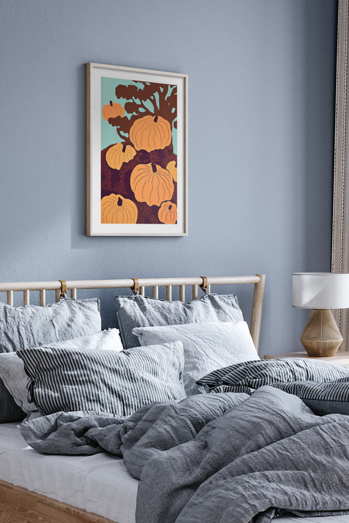 Stylish autumn pumpkins artwork in bedroom interior with wall-mounted frame