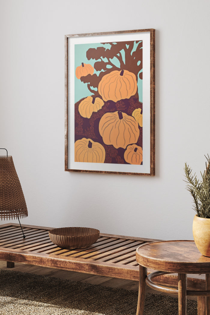 Autumn themed artwork featuring pumpkins and a tree in a modern interior setting