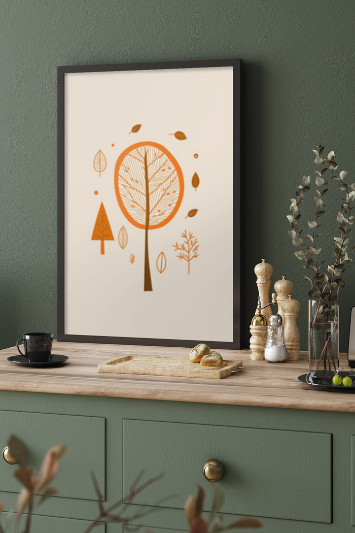 Stylized autumn tree artwork poster in a minimalist home setting
