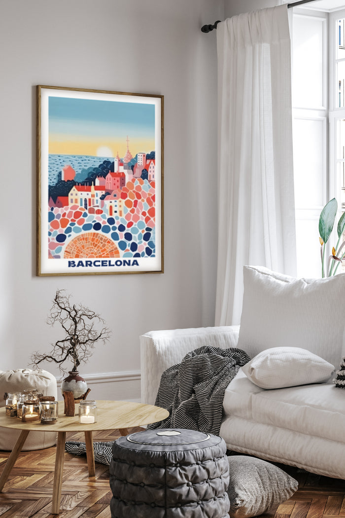 Colorful Barcelona cityscape artwork poster in modern living room setting