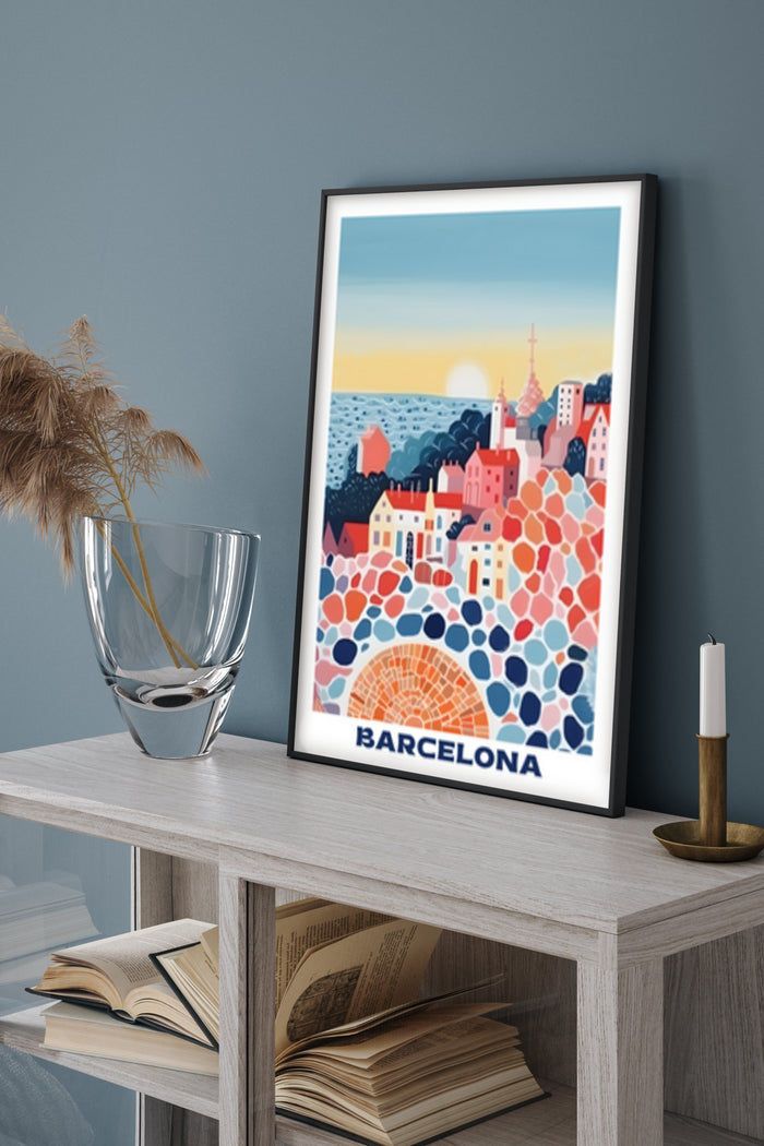Barcelona cityscape colorful mosaic poster artwork in a modern home setting