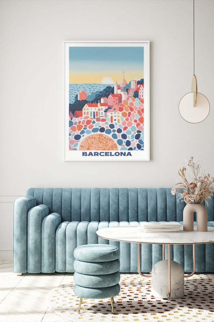 Colorful geometric Barcelona poster displayed in a modern living room decor