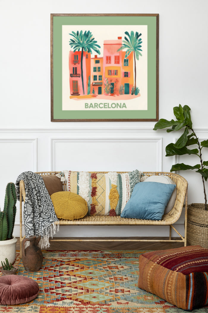 Barcelona vintage travel poster in a stylish living room setting