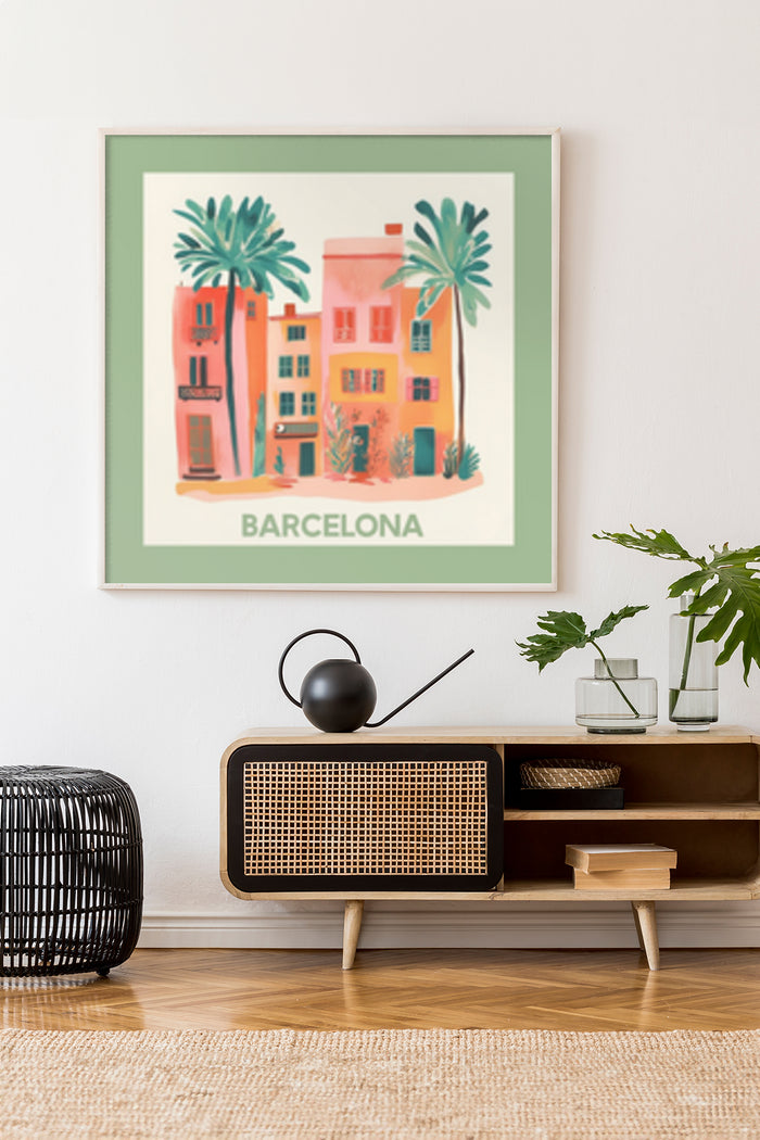 Barcelona themed travel poster with stylized buildings and palm trees in a modern home interior