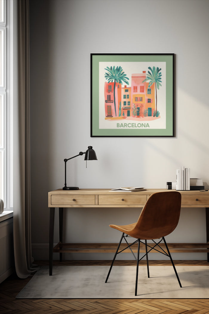 Barcelona minimalist travel poster displayed in a modern home office