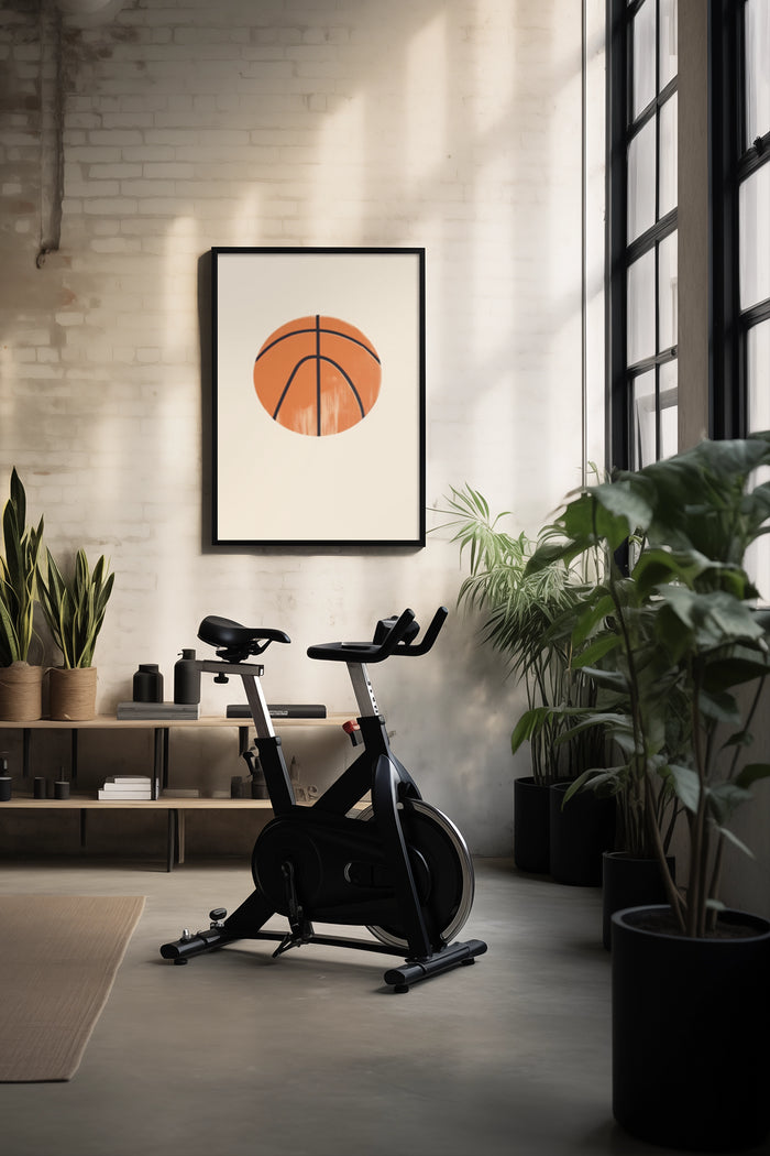 Minimalist basketball art poster on wall above exercise bike in a stylish home gym with plants