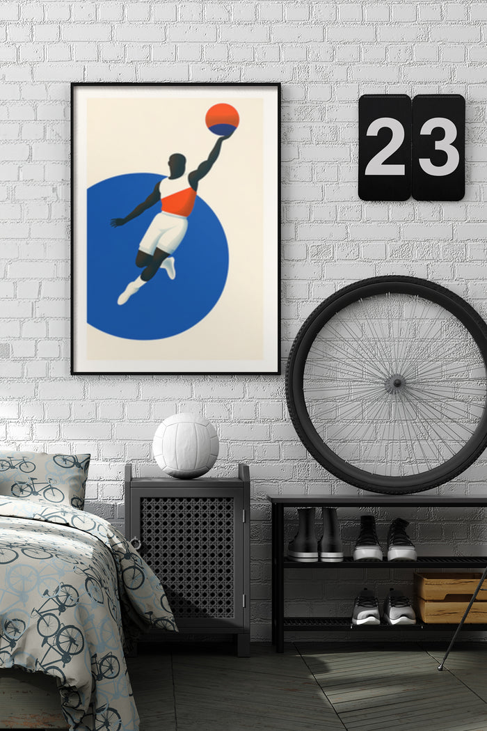 Stylized basketball player in mid-air going for a dunk framed poster in a modern bedroom setting