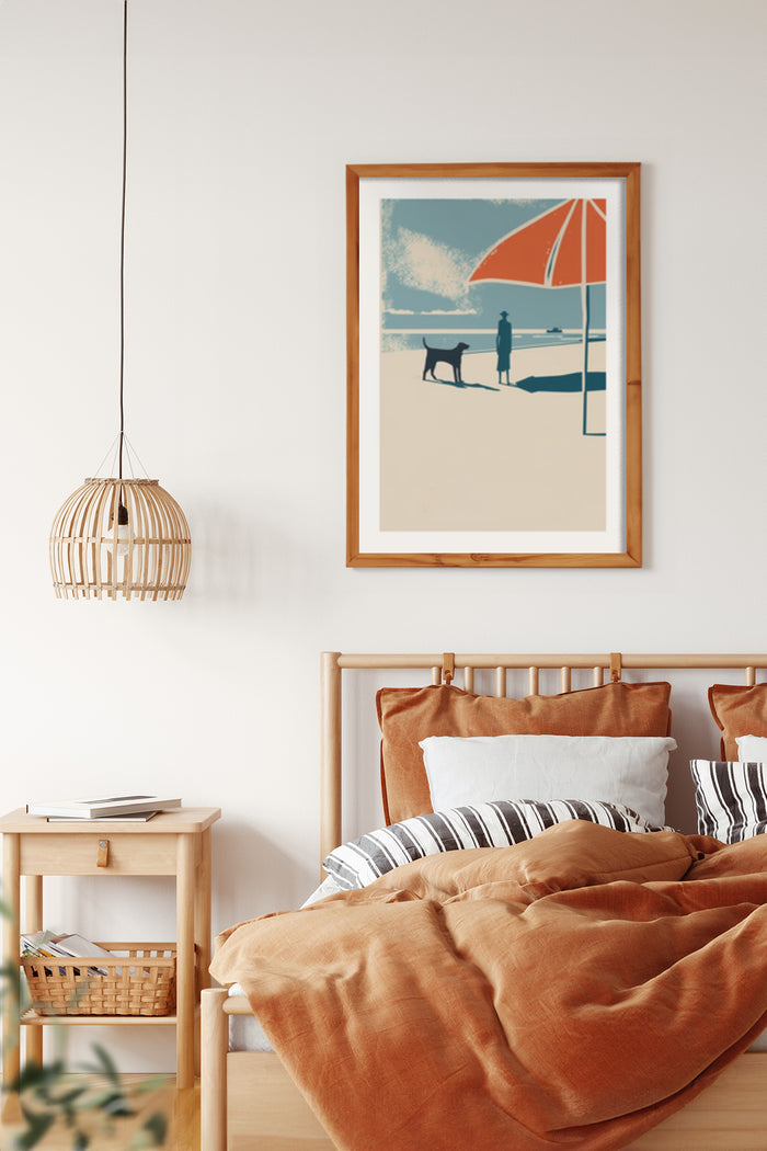Vintage style beach poster with umbrella and walking figure with dog framed in wooden frame above bed with terracotta bedding