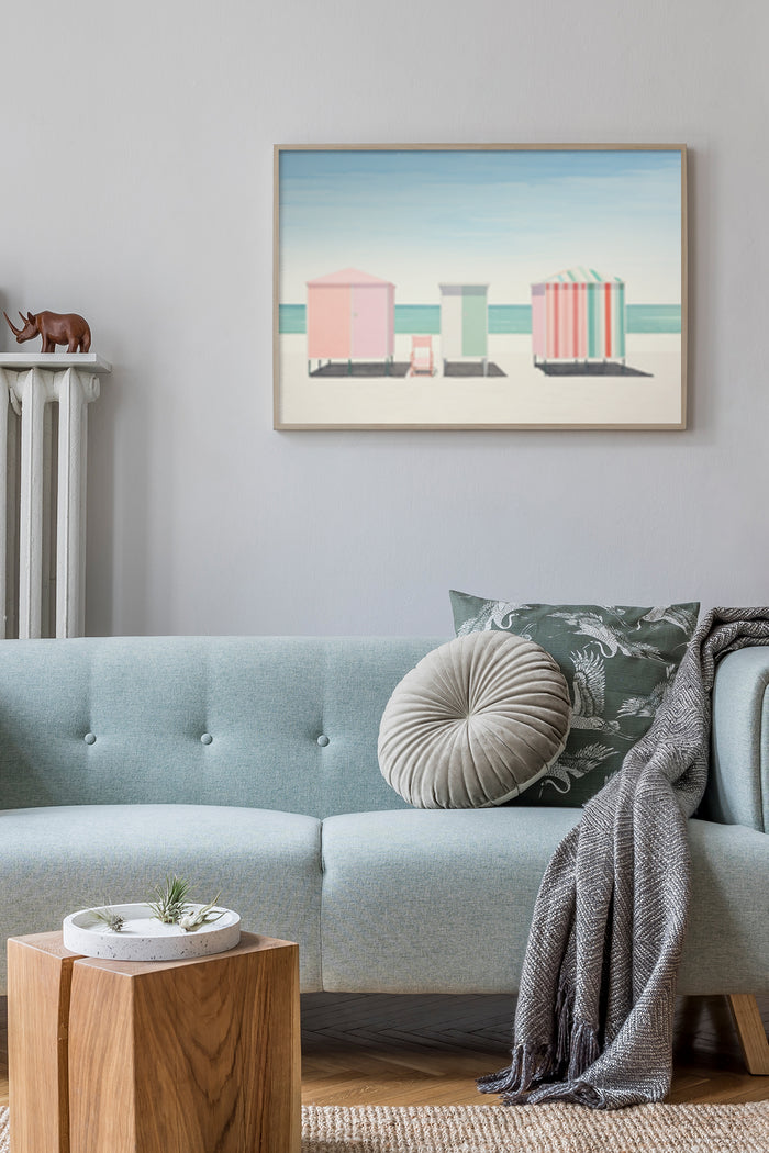 Contemporary beach hut canvas print in a modern living room decor