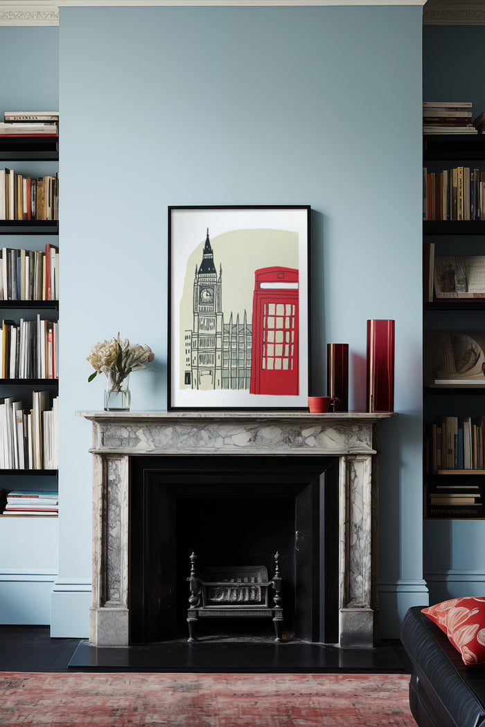 Modern illustrated art poster featuring Big Ben and red phone booth in a stylish interior setting