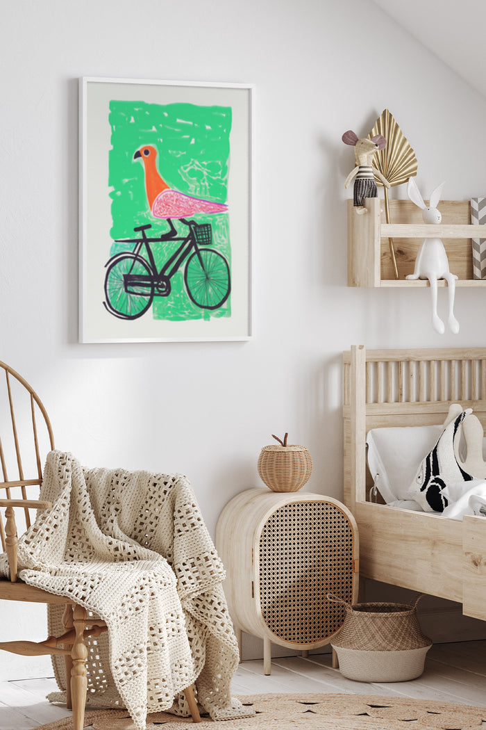 Abstract bird on bicycle art poster framed on a wall in a stylish modern interior decor setting