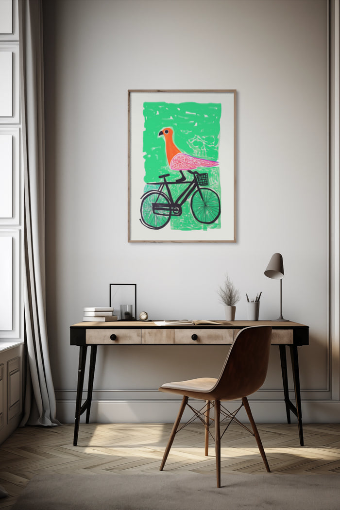 Colorful bird on bicycle artwork poster framed on wall above an elegant writing desk in a modern interior design
