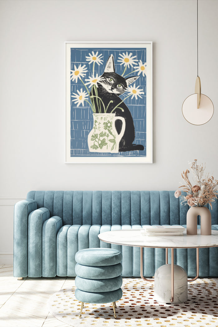 Stylish interior with modern blue sofa and black cat with daisies artwork poster on wall