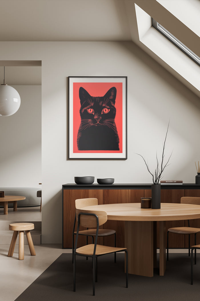 Black cat artwork on red background in a modern dining room setting poster