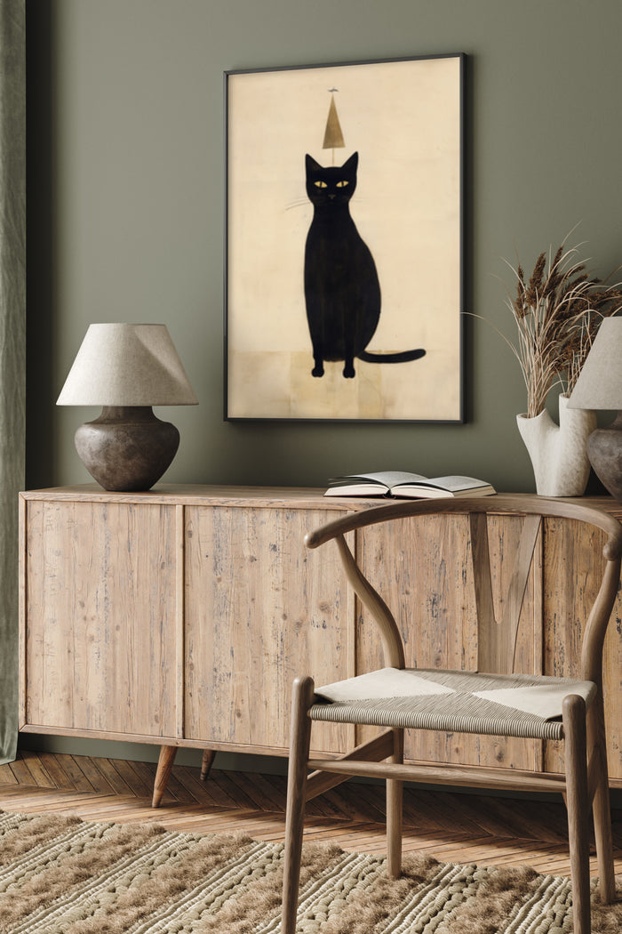 Black Cat Art Poster with Party Hat in Stylish Home Interior
