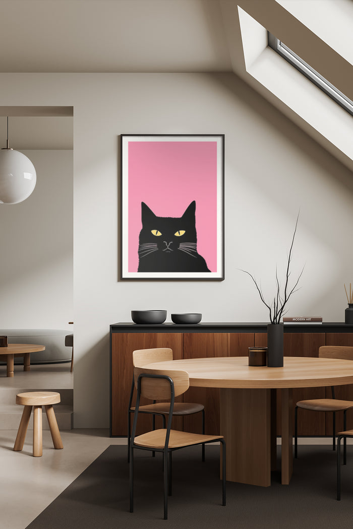 Stylish black cat illustration on a vibrant pink background in a modern dining room setting