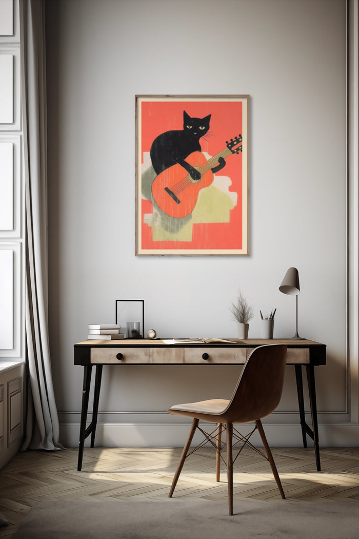 Minimalistic poster of black cat playing a guitar in modern interior with stylish writing desk
