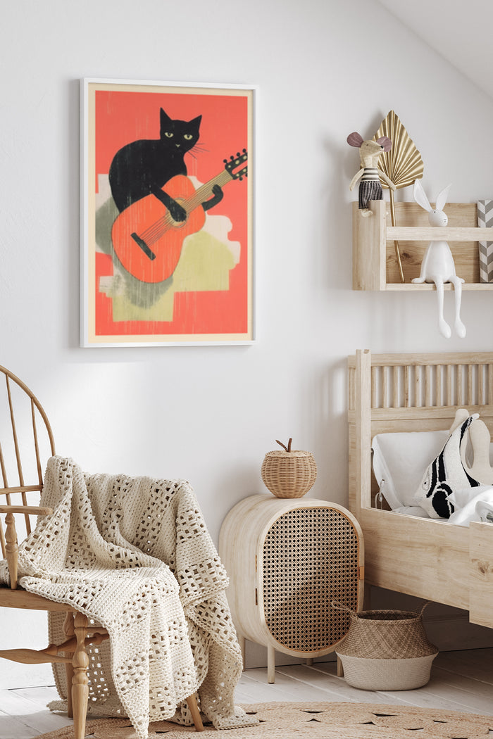 Modern interior with stylish black cat playing guitar poster