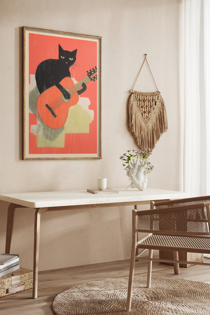 Vintage poster of a black cat playing guitar in a modern interior setting
