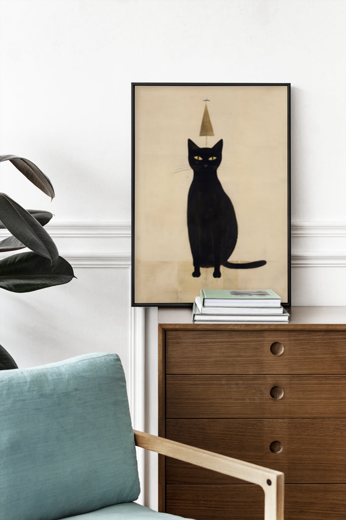 Modern wall art featuring a black cat with party hat poster in a stylish room