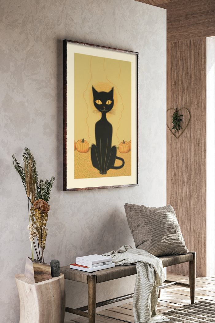 Stylized black cat with a mysterious expression sitting among pumpkins on a yellow background in an art poster