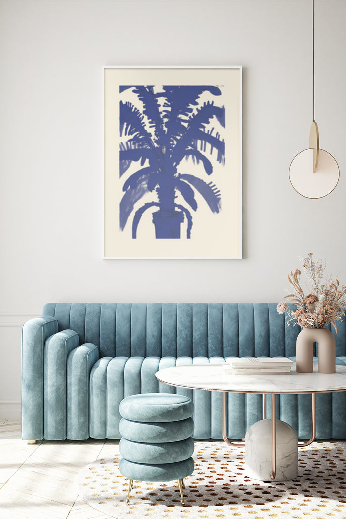 Blue Fern Art Poster Displayed Above Teal Sofa in Contemporary Living Room Decor