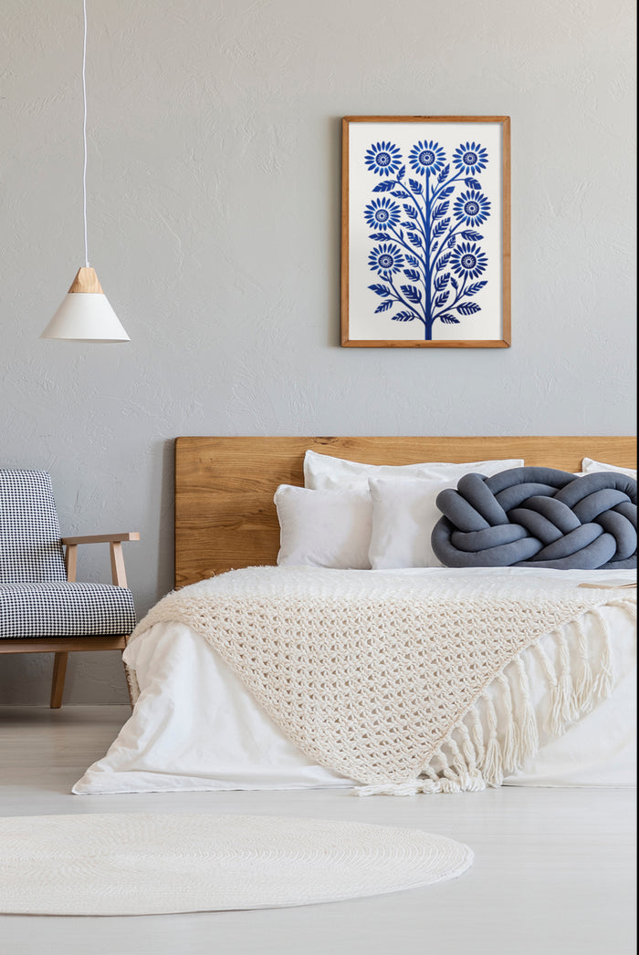 Scandinavian style bedroom interior with blue floral artwork poster on the wall