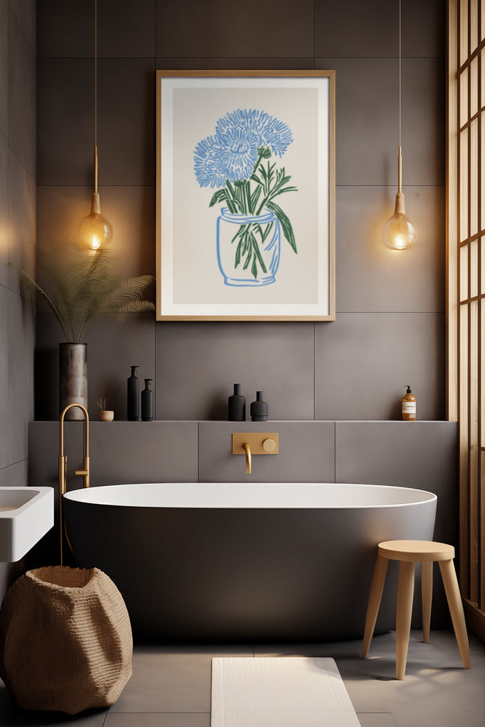 Contemporary bathroom with blue flower poster art above bathtub