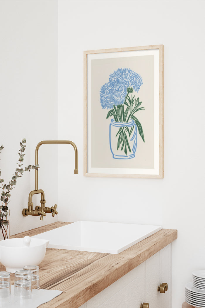 Contemporary blue flower illustration in white vase poster hanging in a modern bathroom with wooden countertop