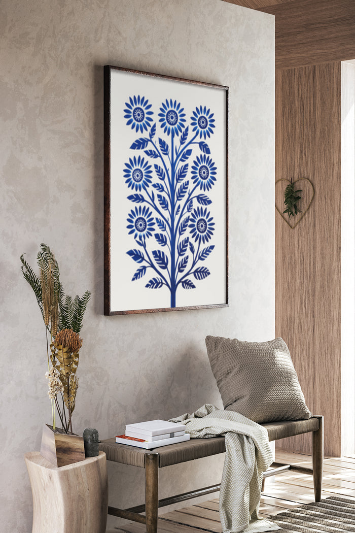 Elegant blue floral artwork poster displayed in a contemporary room design