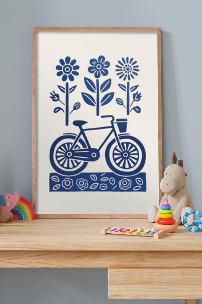 Framed poster with blue folk art design featuring a bicycle and flowers in a stylish room