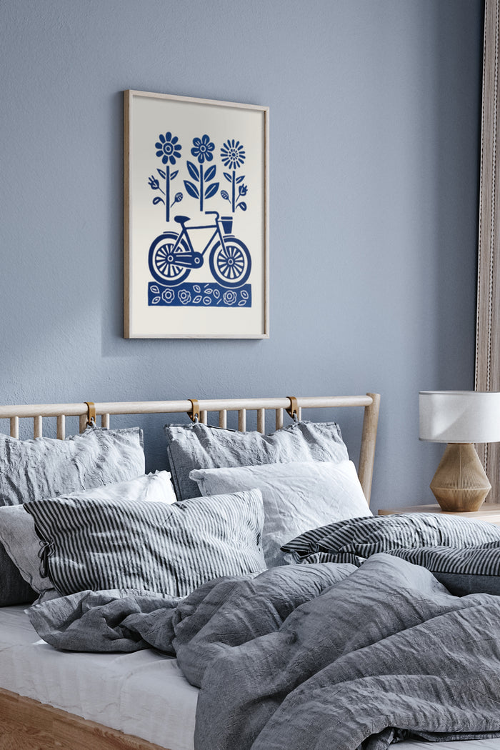 Blue folk art poster with bicycle and flowers design in bedroom wall decor setting