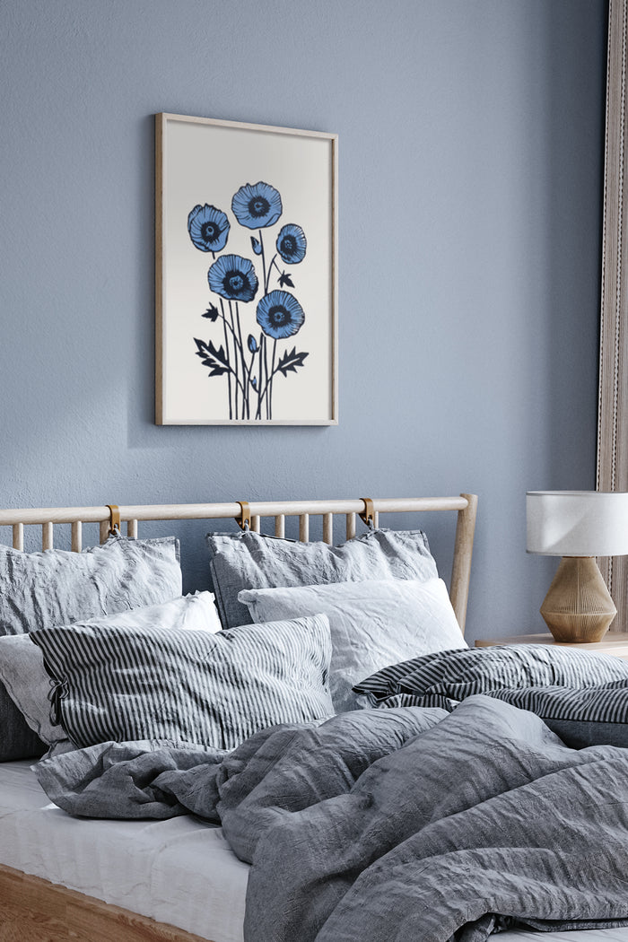 Elegant bedroom with framed blue poppies floral art poster on pastel blue wall