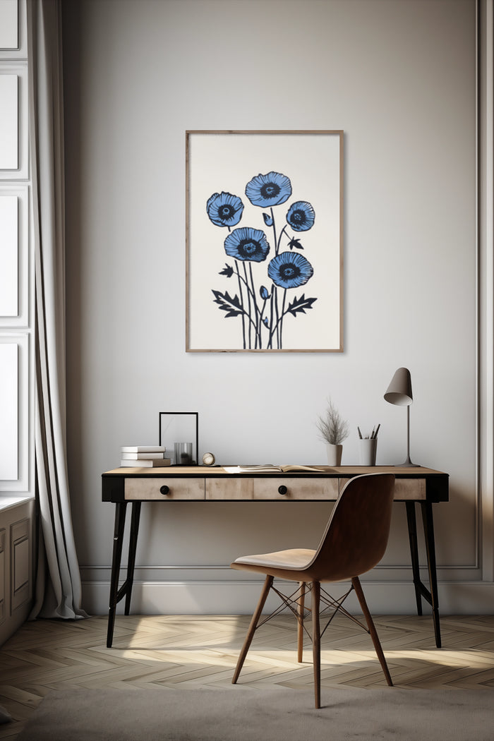 Elegant blue poppy flower illustration poster in a stylish home office interior with wooden desk and chair