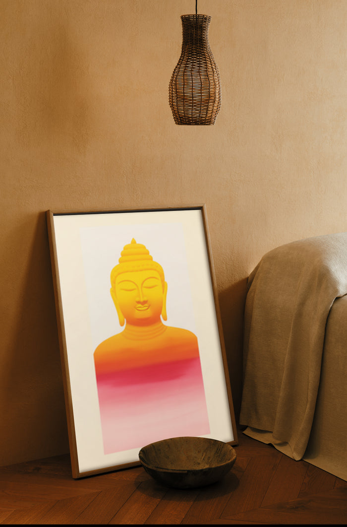 Modern interpretation of Buddha poster in a cozy home setting with warm colors