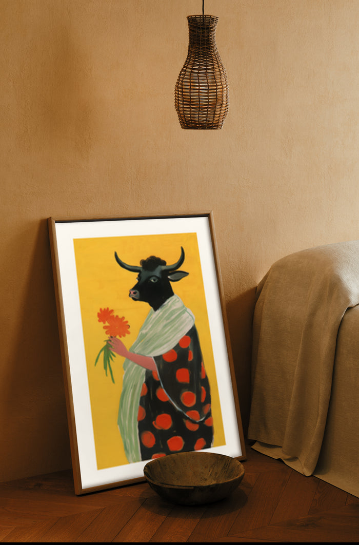 Illustration of a bull holding a flower framed poster in a cozy room interior