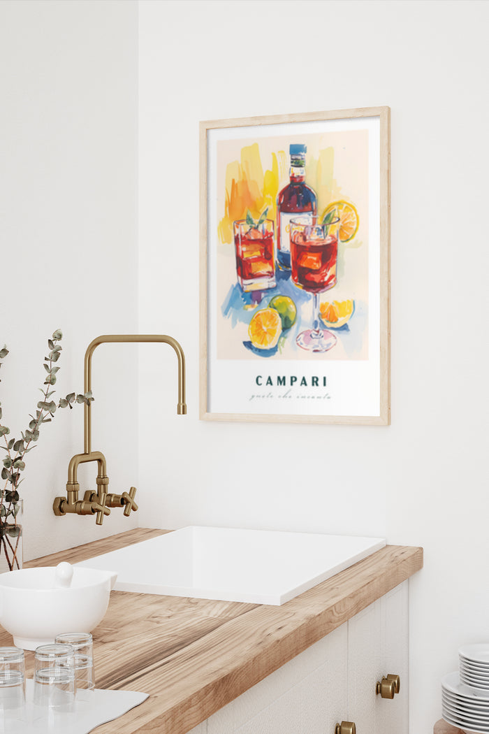 Vintage Campari advertisement poster featuring aperitif drinks in a modern kitchen setting