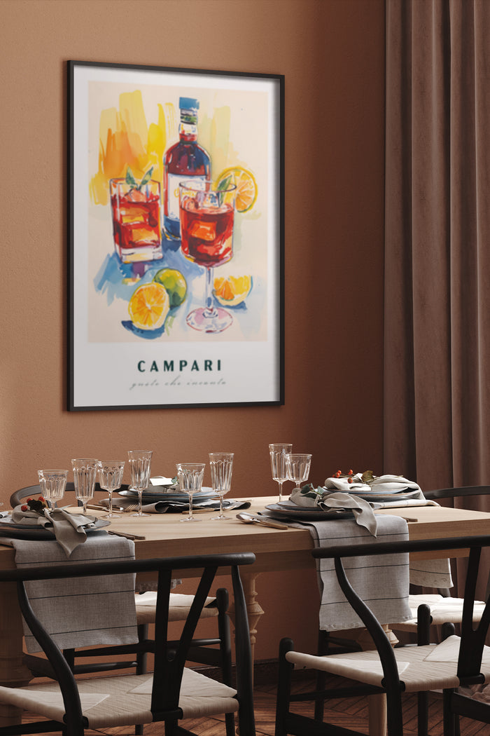 Colorful Campari cocktail advertisement poster with vibrant artwork displayed in a stylish dining room